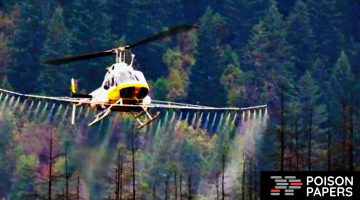 Helicopter spraying chemical on American forest