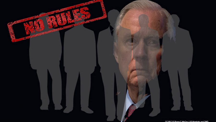 Sessions behind business men "No Rules"