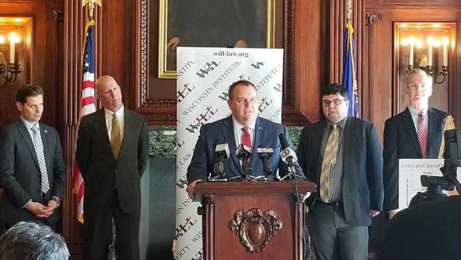 Wisconsin Republican State Senators Dave Craig, Duey Stroebel, and Chris Kapenga, and WILL's Will Flanders and CROWE's Noah Williams at unveiling of report on Medicaid expansion.