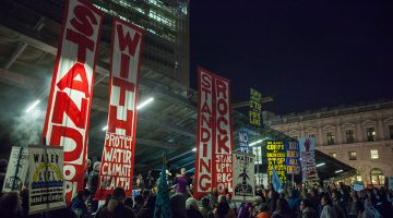 Protesters against the Dakota Access Pipeline and Keystone XL Pipeline demonstrate outside the San Francisco Federal Building. (Source: Wikimedia Commons, January 26, 2017)